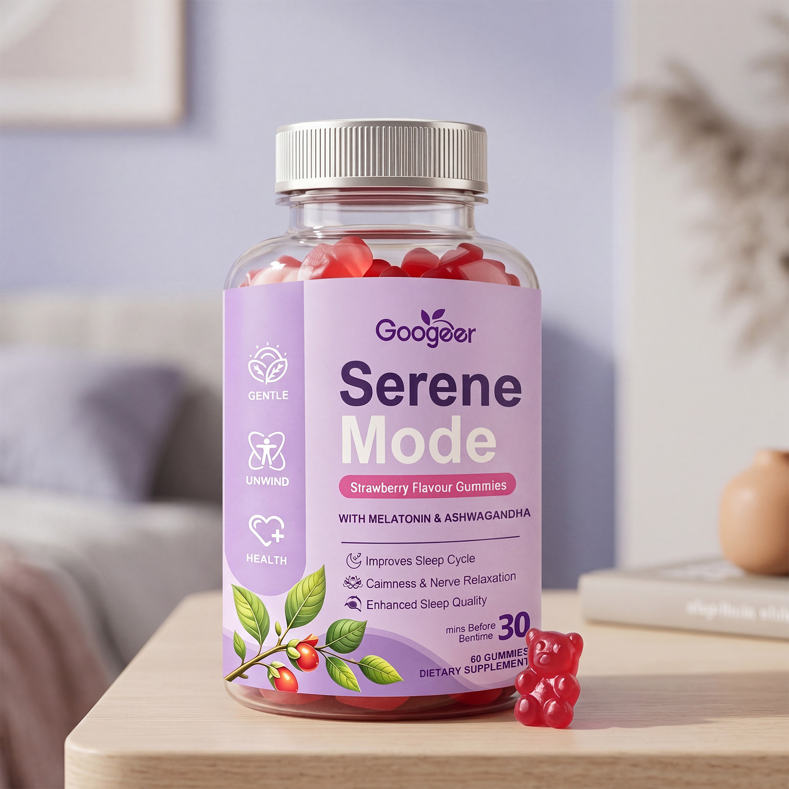 Tasty Strawberry Serene Mode Calm Gummies With Melatonin Ashwagandha For Night Relaxation Daily Wellness Support